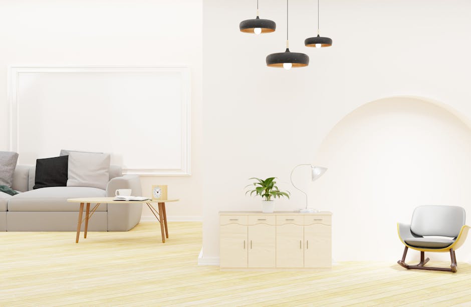 Bright minimalist living room with modern Scandinavian design elements, featuring light furniture and decor.